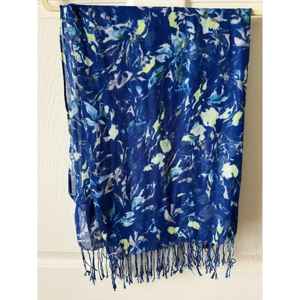 Coldwater Creek Blue Floral Linen Blend Scarf Wrap Fringe 27x 74 Coastal Boho